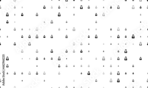 Seamless background pattern of evenly spaced black business woman symbols of different sizes and opacity. Vector illustration on white background