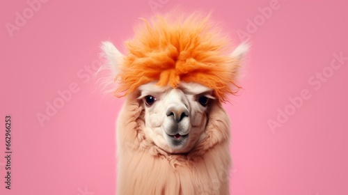 Advertising portrait, banner, funny alpaca with orange hair, looks straight, isolated on pink background