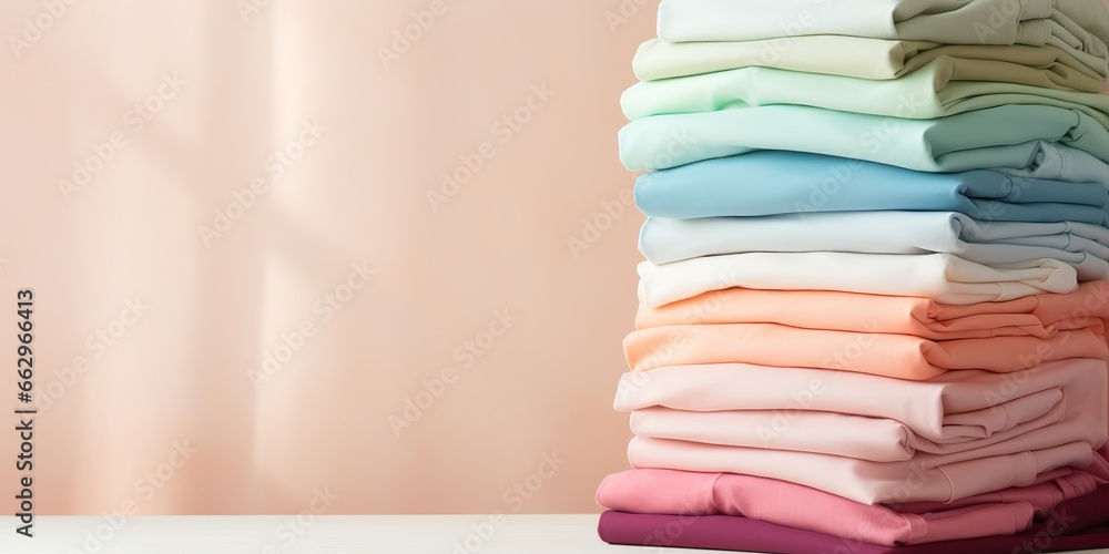 AI Generated. AI Generative. Fresh new washed laundy stack set of many cloth items on table. Graphic Art AI Generated. AI Generative. Fresh new washed laundy stack set of many cloth items on table. Graphic Art