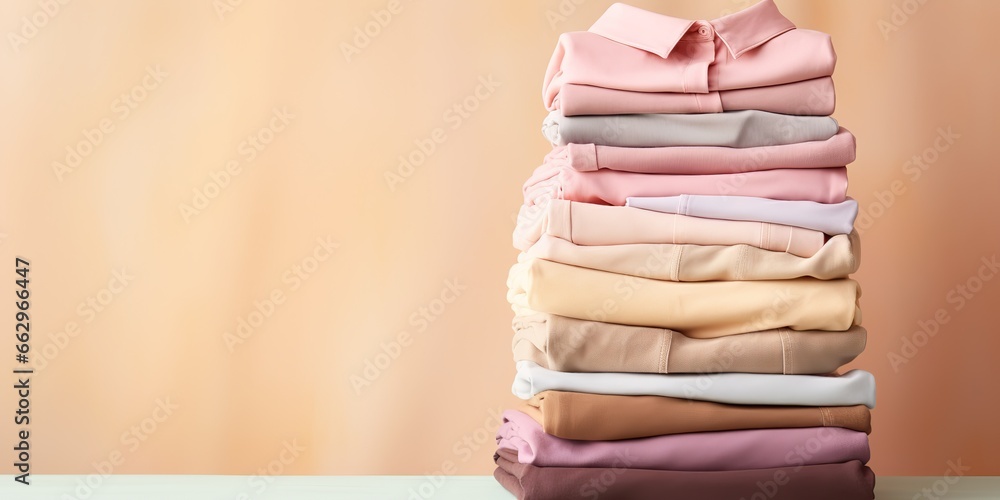 AI Generated. AI Generative. Fresh new washed laundy stack set of many cloth items on table. Cleaning washing center promotion or store template - obrazy, fototapety, plakaty 