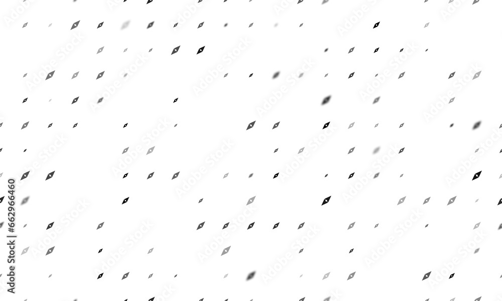 Seamless background pattern of evenly spaced black compass symbols of different sizes and opacity. Illustration on transparent background