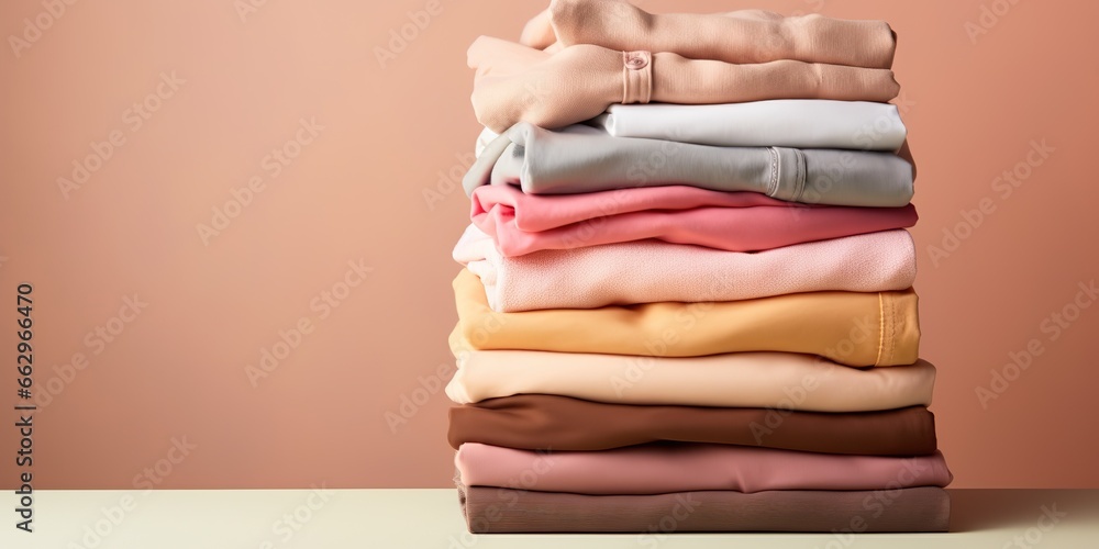 AI Generated. AI Generative. Fresh new washed laundy stack set of many cloth items on table. Cleaning washing center promotion or store template AI Generated. AI Generative. Fresh new washed laundy stack set of many cloth items on table. Cleaning washing center promotion or store template