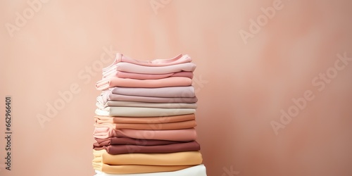 AI Generated. AI Generative. Fresh new washed laundy stack set of many cloth items on table. Graphic Art photo