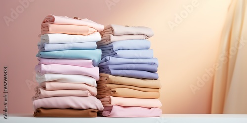 AI Generated. AI Generative. Fresh new washed laundy stack set of many cloth items on table. Graphic Art