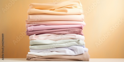 AI Generated. AI Generative. Fresh new washed laundy stack set of many cloth items on table. Cleaning washing center promotion or store template