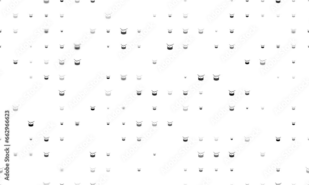 Seamless background pattern of evenly spaced black drum symbols of different sizes and opacity. Vector illustration on white background