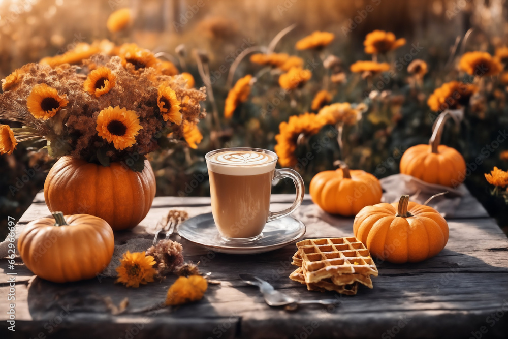 decoration for Halloween, still life, a cup of hot latte and waffers and pumpkins on an old wooden table against the background of beautiful autumn nature at sunset decoration for Halloween, still life, a cup of hot latte and waffers and pumpkins on an old wooden table against the background of beautiful autumn nature at sunset