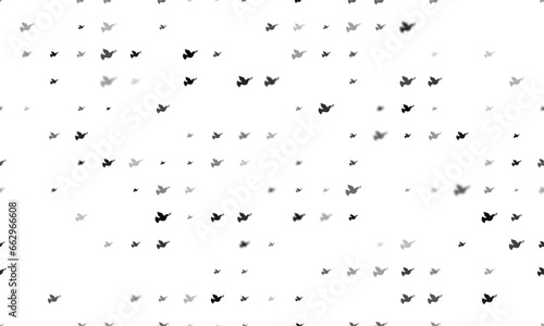 Seamless background pattern of evenly spaced black dove of peace symbols of different sizes and opacity. Vector illustration on white background