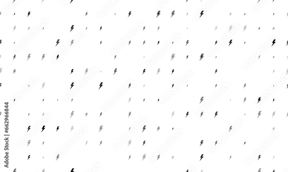 Seamless background pattern of evenly spaced black lightning symbols of different sizes and opacity. Illustration on transparent background