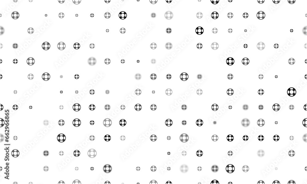 Seamless background pattern of evenly spaced black lifebuoy symbols of different sizes and opacity. Vector illustration on white background