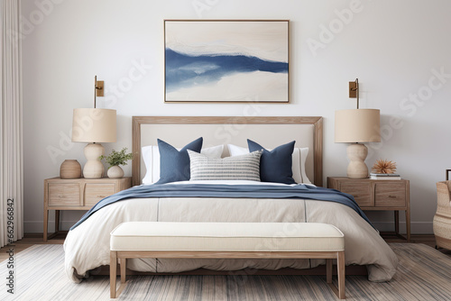 amplio dormitorio con cama, banqueta y  ropa de cama en tonos azules y grises, junto a dos mesitas de madera y cuadro abstracto en pared photo