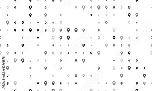 Seamless background pattern of evenly spaced black location symbols of different sizes and opacity. Illustration on transparent background