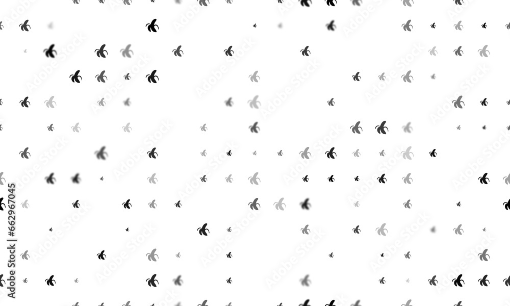 Obraz premium Seamless background pattern of evenly spaced black peeled banana symbols of different sizes and opacity. Illustration on transparent background