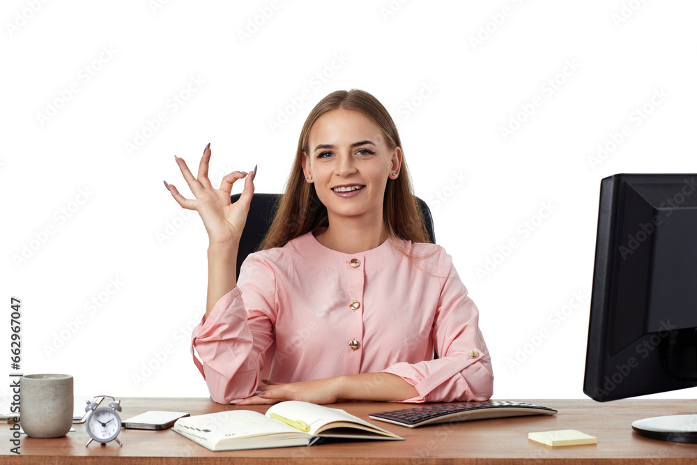 cheerful female manager showing Ok sign gesture