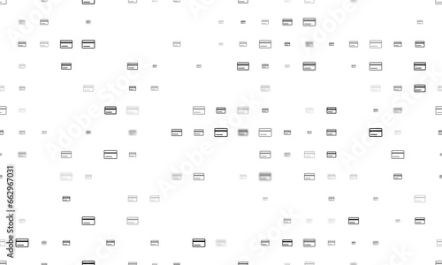 Seamless background pattern of evenly spaced black credit card symbols of different sizes and opacity. Illustration on transparent background
