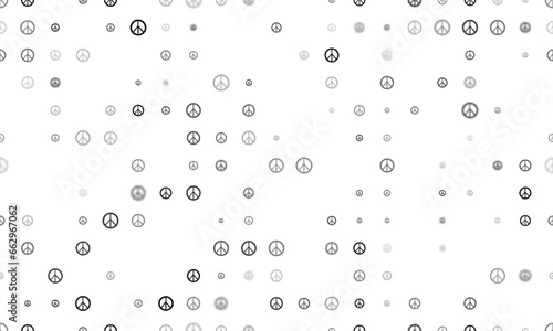 Seamless background pattern of evenly spaced black peace symbols of different sizes and opacity. Vector illustration on white background