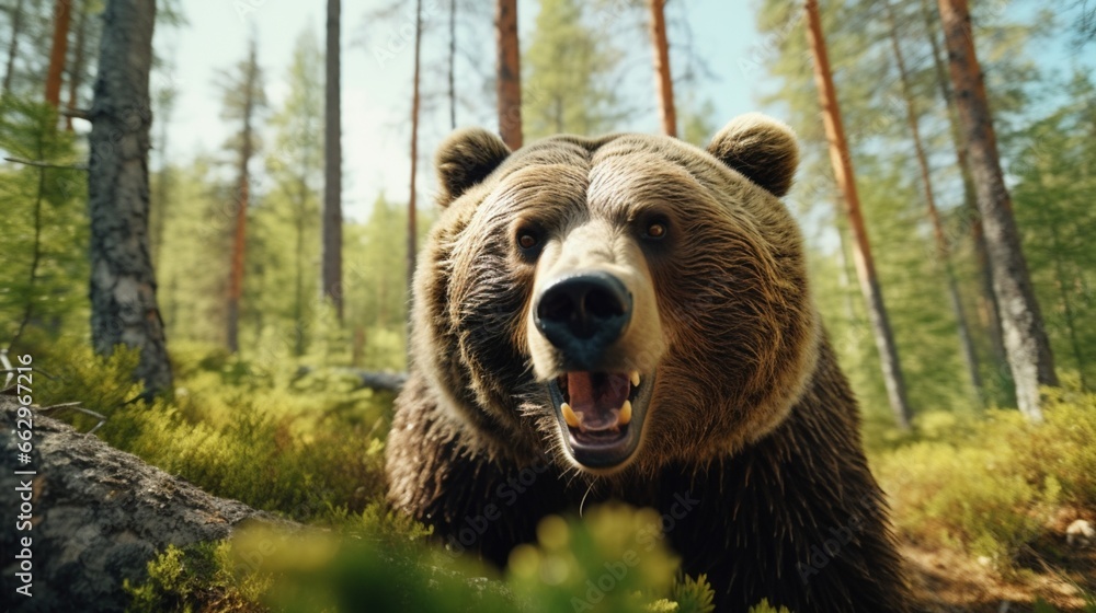 Close-up portrait of a bear in a clearing in the forest. Detailed image of the muzzle. A wild animal is looking at something. Illustration with distorted fisheye effect. Cover design, postcards. Close-up portrait of a bear in a clearing in the forest. Detailed image of the muzzle. A wild animal is looking at something. Illustration with distorted fisheye effect. Cover design, postcards.