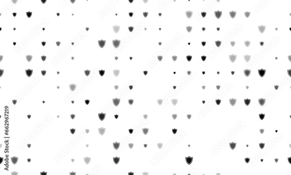 Seamless background pattern of evenly spaced black shield symbols of different sizes and opacity. Vector illustration on white background Seamless background pattern of evenly spaced black shield symbols of different sizes and opacity. Vector illustration on white background