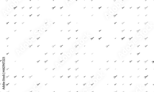 Seamless background pattern of evenly spaced black scissors symbols of different sizes and opacity. Vector illustration on white background