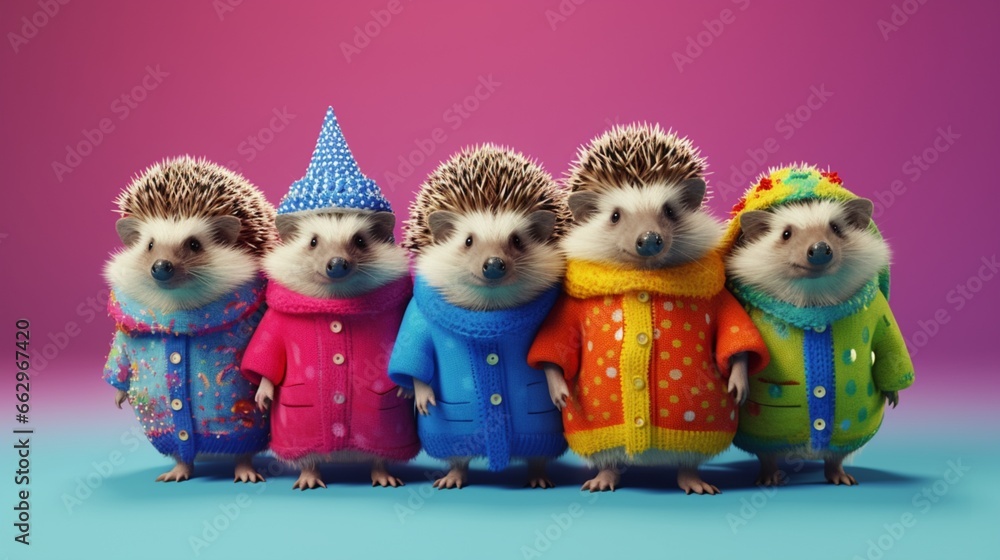 Creative animal concept. Hedgehog in a group, vibrant bright fashionable outfits isolated on solid background advertisement, copy text space. birthday party invite invitation banner