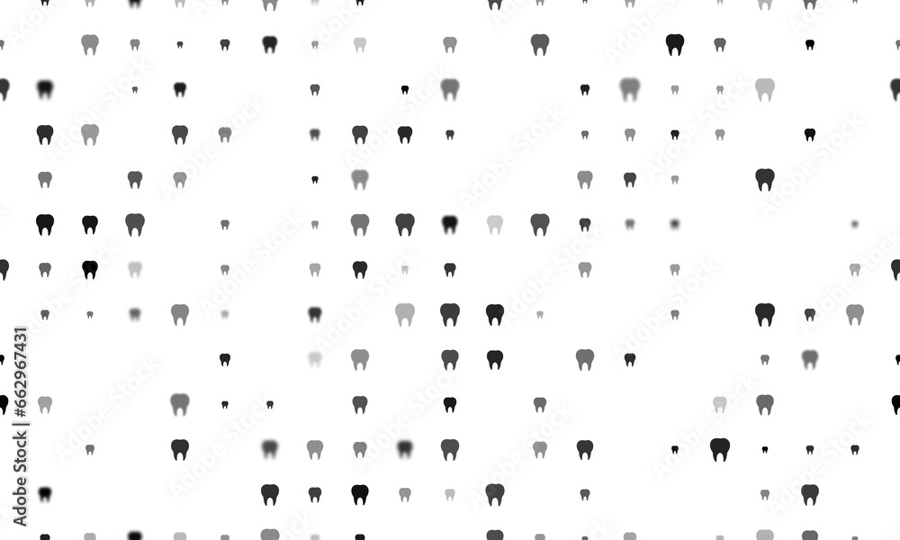 Seamless background pattern of evenly spaced black tooth symbols of different sizes and opacity. Illustration on transparent background - obrazy, fototapety, plakaty 