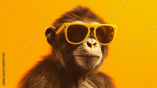 Cool monkey in sunglasses posing in front of a yellow background. Despite being in an unfamiliar environment, the animal feels good. AI generated illustration.