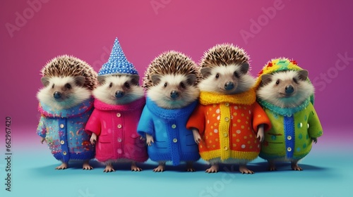 Creative animal concept. Hedgehog in a group, vibrant bright fashionable outfits isolated on solid background advertisement, copy text space. birthday party invite invitation banner