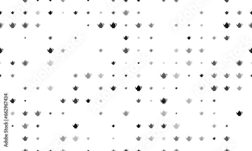 Seamless background pattern of evenly spaced black teapots of different sizes and opacity. Vector illustration on white background