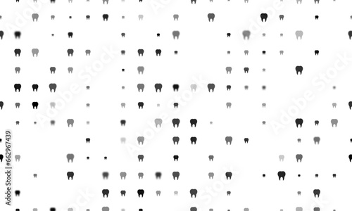 Seamless background pattern of evenly spaced black tooth symbols of different sizes and opacity. Vector illustration on white background