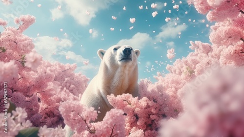 Creative animal concept. Polar Bear in smart suit, surrounded in a surreal garden full of blossom flowers floral landscape. advertisement commercial editorial banner card. photo