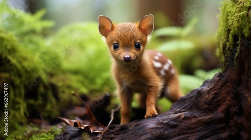 A Pudu Puda, the world's smallest deer species, captured in a moment of curiosity, showcasing its adorable features in a natural habitat. photo