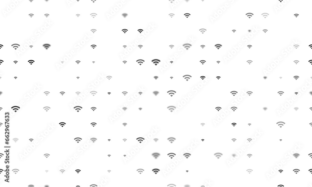 Seamless background pattern of evenly spaced black wifi symbols of different sizes and opacity. Vector illustration on white background