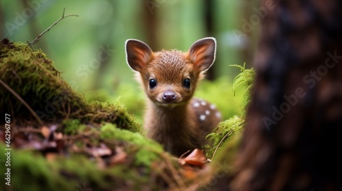A Pudu Puda, the world's smallest deer species, captured in a moment of curiosity, showcasing its adorable features in a natural habitat.
