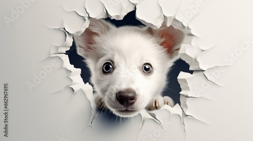 Cute Puppy peeking out of a hole in wall, torn hole, empty copy space frame, mockup. Generative AI image weber. © Nairobi 