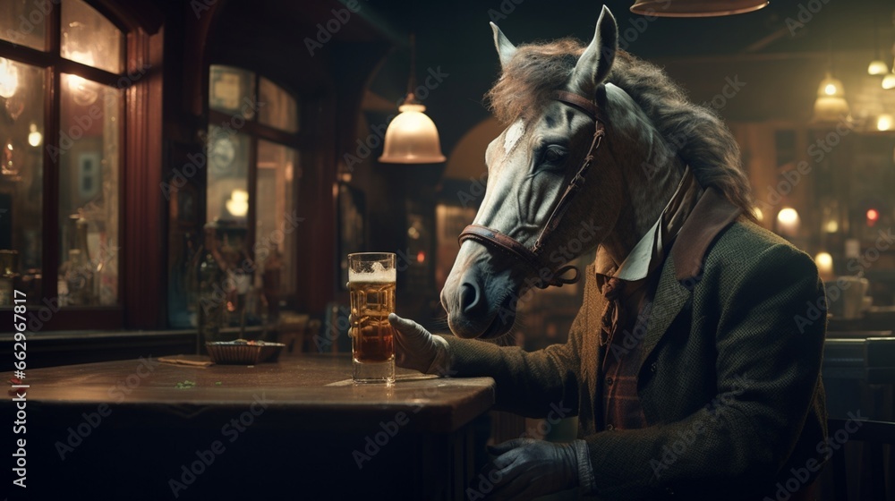 Drinking horse with alcohol in a pub. Drinking horse with alcohol in a pub.
