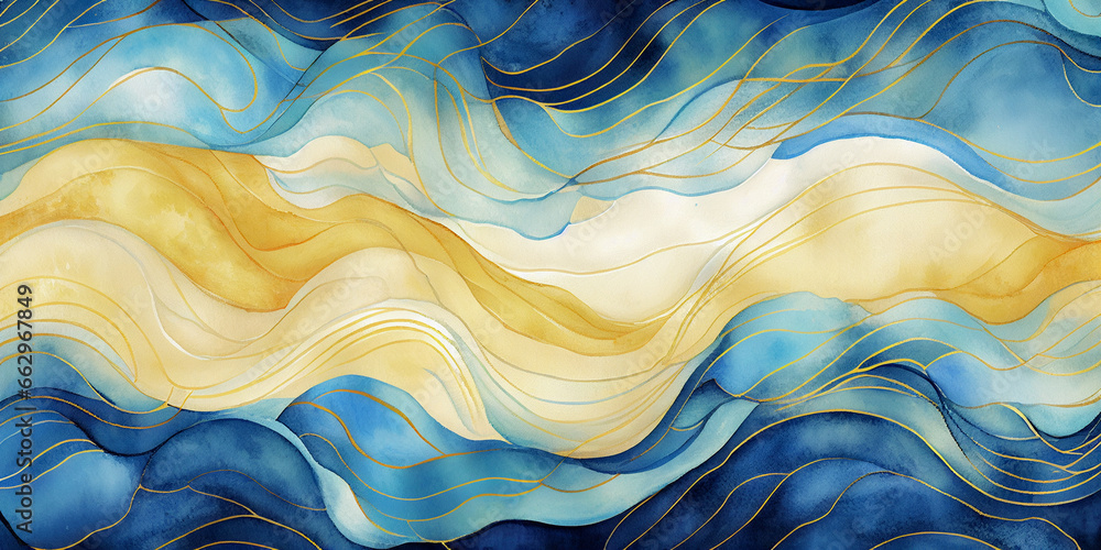 Abstract blue wave with gold lines watercolor texture painting ...