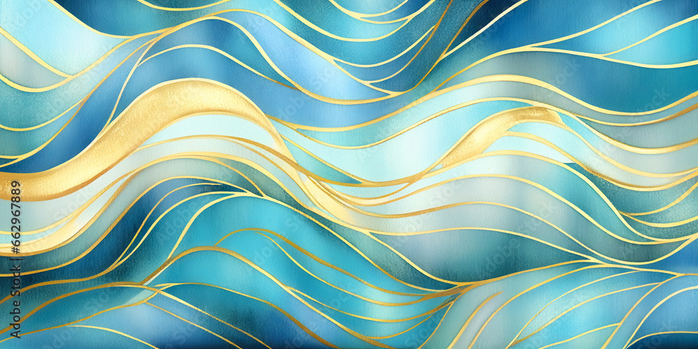 Magical fairytale ocean waves cartoon. Unique blue and gold wavy swirls of magic water. Fairytale navy and yellow sea waves art. Children’s book waves painting illustration for kids nursery - obrazy, fototapety, plakaty 