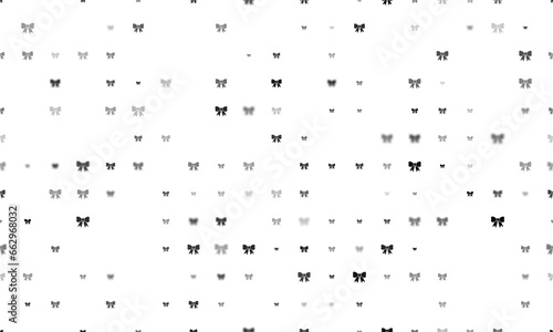 Seamless background pattern of evenly spaced black bow symbols of different sizes and opacity. Illustration on transparent background