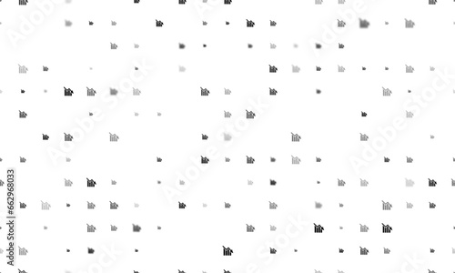 Seamless background pattern of evenly spaced black chart down symbols of different sizes and opacity. Vector illustration on white background