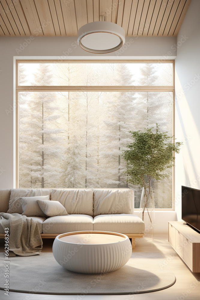 Fototapeta premium room of big bright apartment with big panorama windows, sofa and pillows, green forest or park behind glass