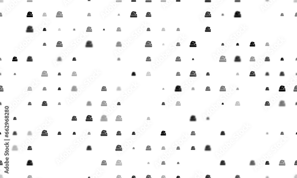 Seamless background pattern of evenly spaced black santa claus hat symbols of different sizes and opacity. Vector illustration on white background Seamless background pattern of evenly spaced black santa claus hat symbols of different sizes and opacity. Vector illustration on white background