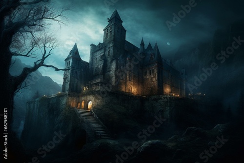 Illustration of a medieval, dark, gothic castle with elven magic and a haunting atmosphere. Generative AI