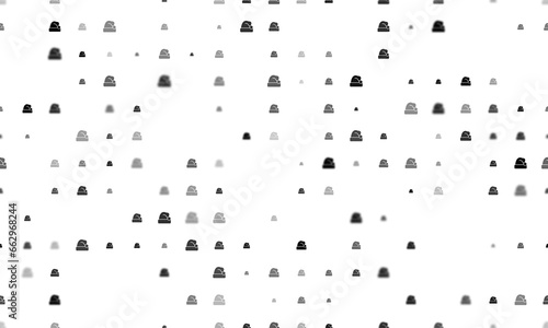 Seamless background pattern of evenly spaced black santa claus hat symbols of different sizes and opacity. Illustration on transparent background