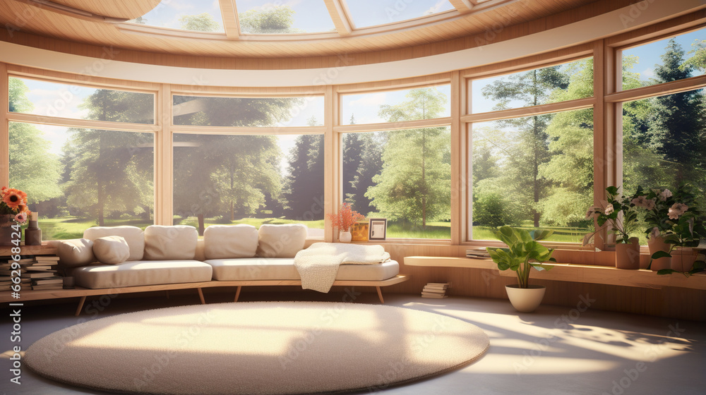 Fototapeta premium room of big bright apartment with big panorama windows, sofa and pillows, green forest or park behind glass