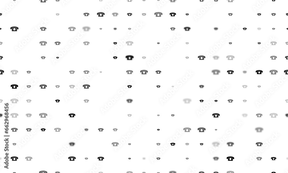 Seamless background pattern of evenly spaced black vintage telephone symbols of different sizes and opacity. Illustration on transparent background