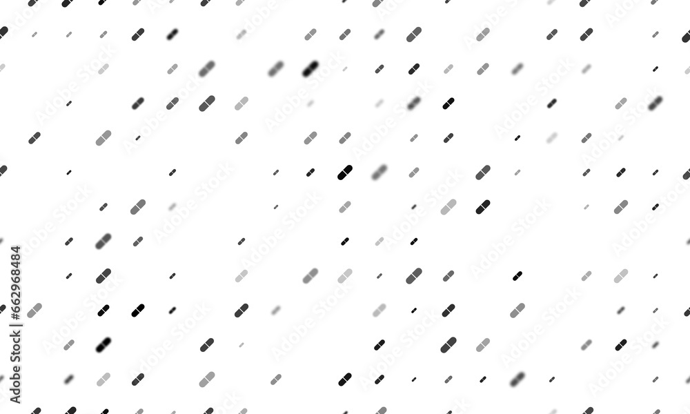 Seamless background pattern of evenly spaced black medical capsule symbols of different sizes and opacity. Illustration on transparent background