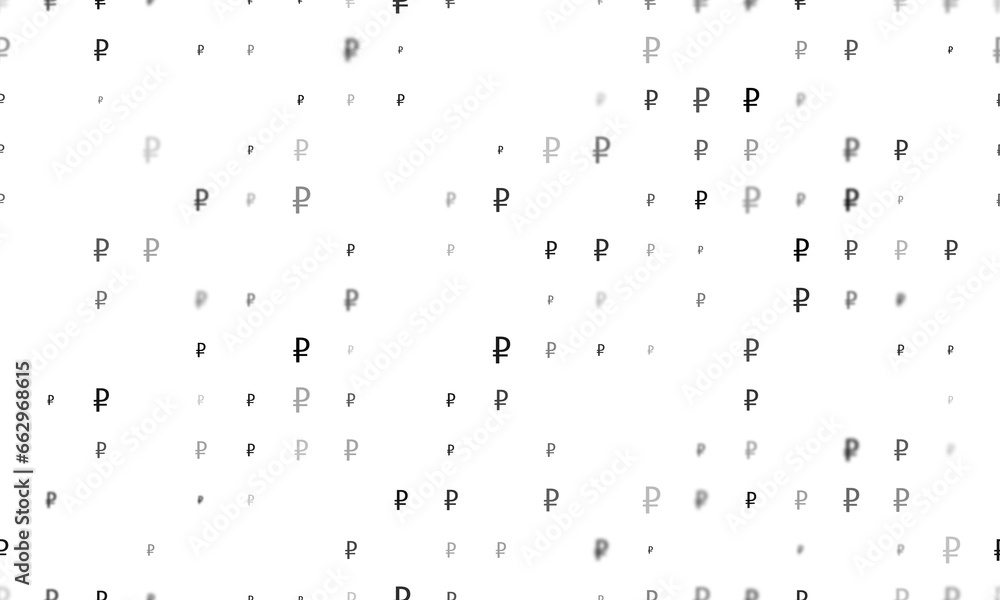 Seamless background pattern of evenly spaced black ruble symbols of different sizes and opacity. Illustration on transparent background