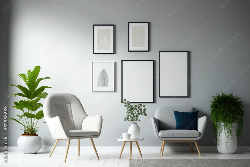 Posters are displayed in a basic room with four photo frames, a chair, and plants. Generative AI