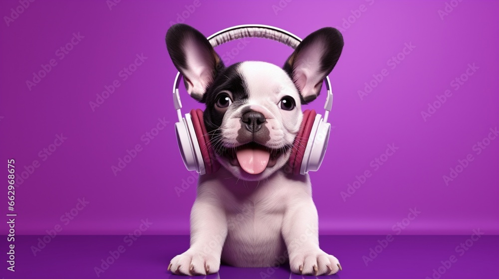 Happy puppy in headphones on a purple background. AI generation