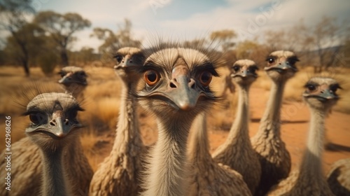 Group of Emu birds in the wild portrat. photo
